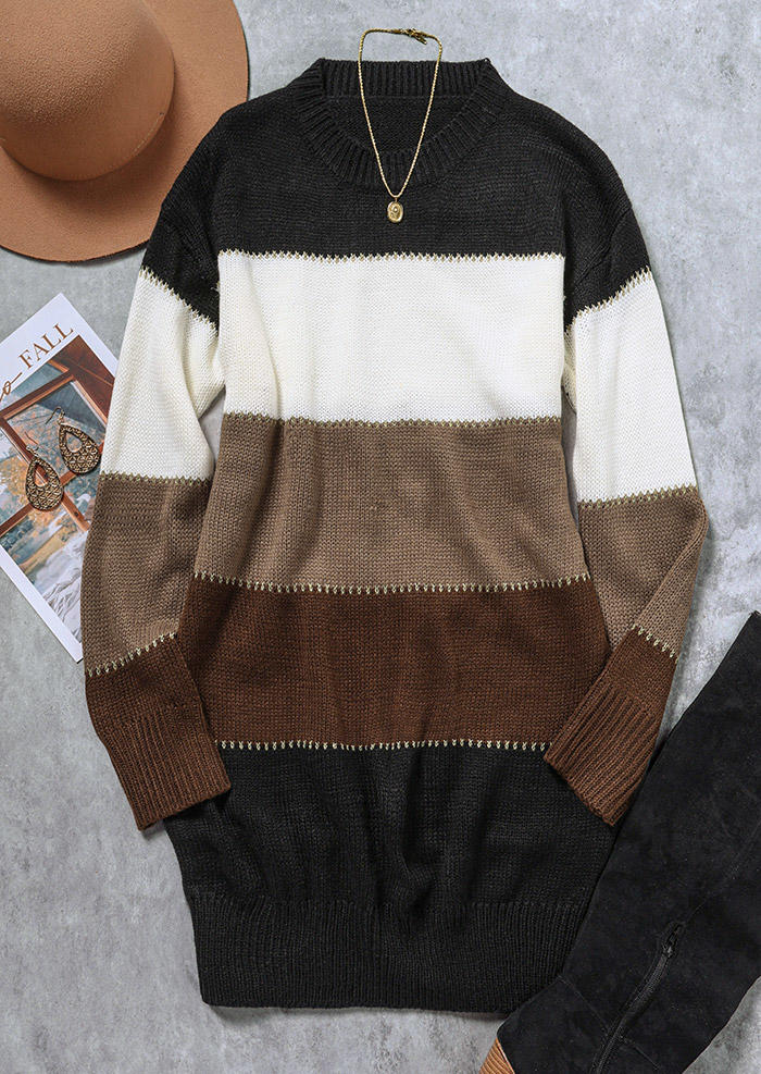 Sweater Dresses Color Block O-Neck Sweater Dress in Brown. Size: L,M