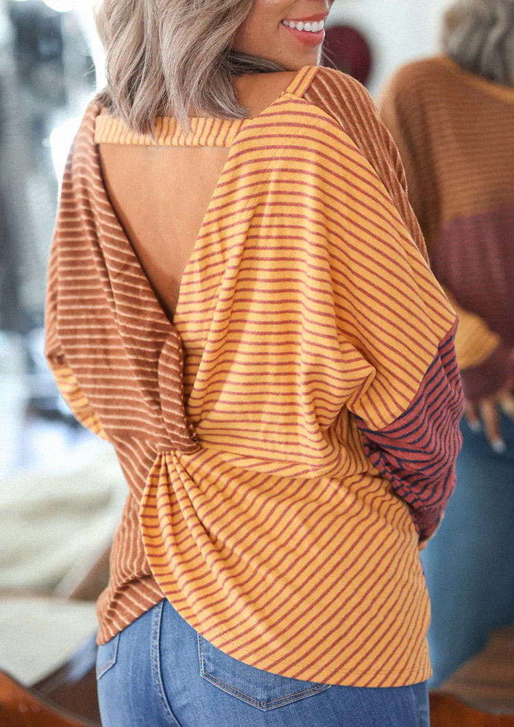 Color Block Striped Cut Out Twist Blouse