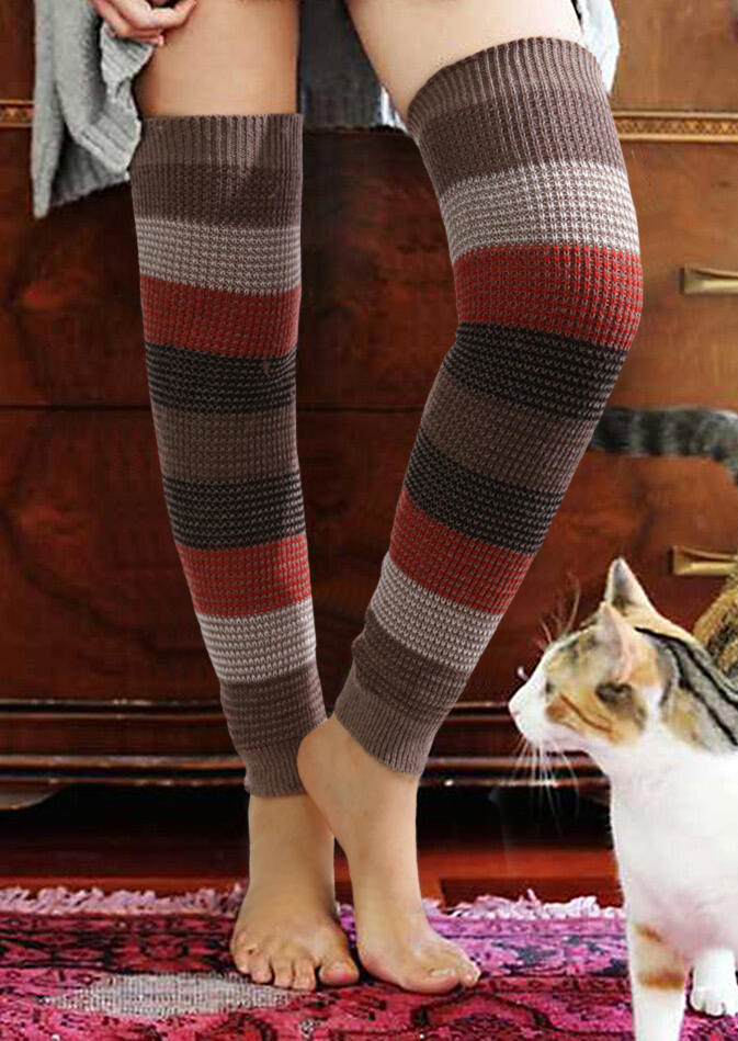 Knee-High Socks Color Block Leg Warmers Socks in Gray,Khaki. Size: One Size