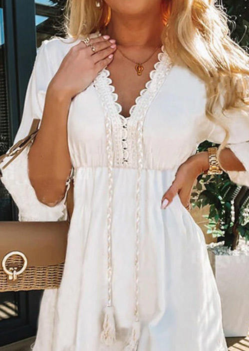 

Mini Dresses Lace Splicing Tassel Flare Sleeve Mini Dress in White. Size
