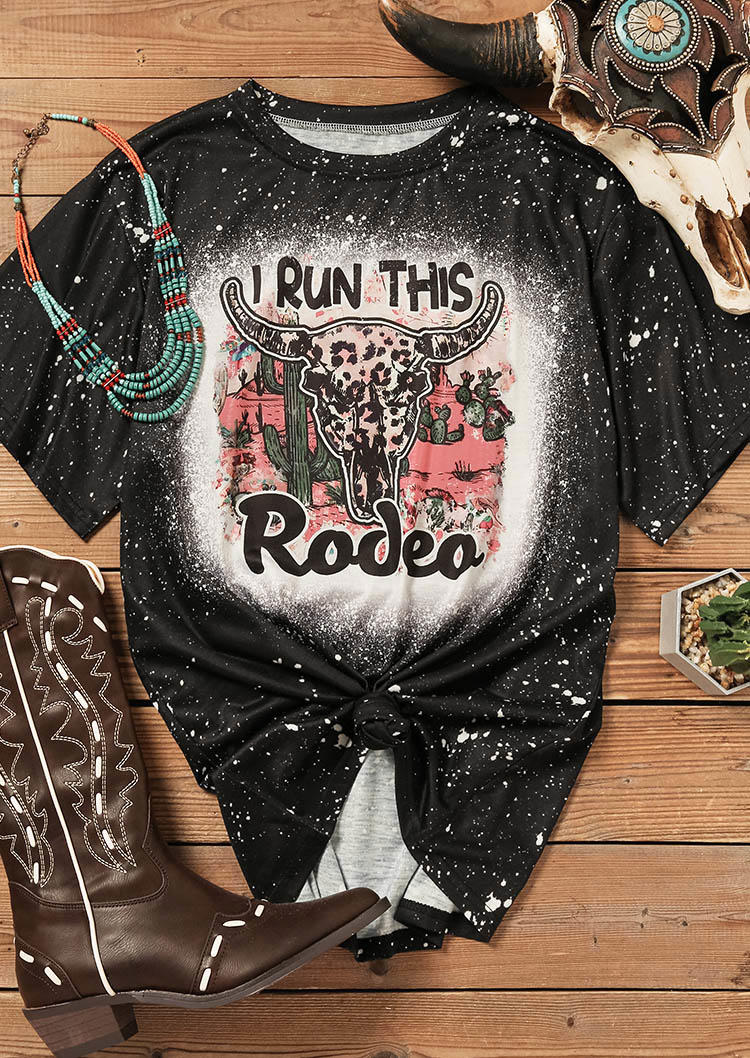 T-shirts Tees I Run This Rodeo Leopard Cactus Steer Skull Bleached T-Shirt Tee in Black. Size: L,M,S,XL