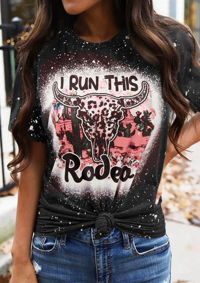 I Run This Rodeo Leopard Cactus Steer Skull Bleached T-Shirt Tee - Black