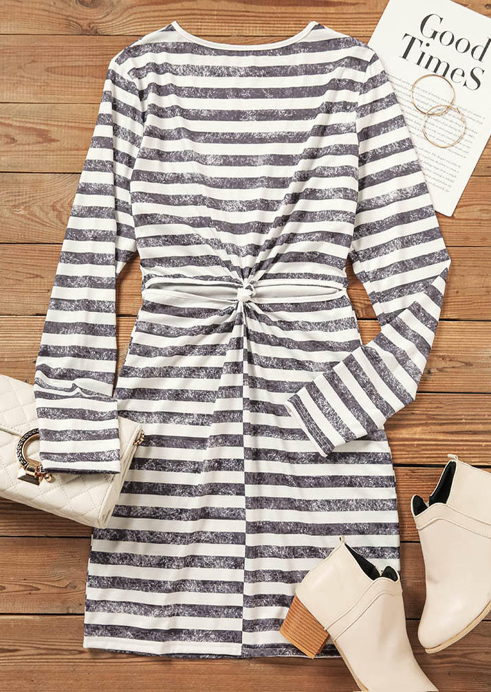 Mini Dresses Striped Hollow Out Twist Long Sleeve Mini Dress in Multicolor. Size: L,M,XL