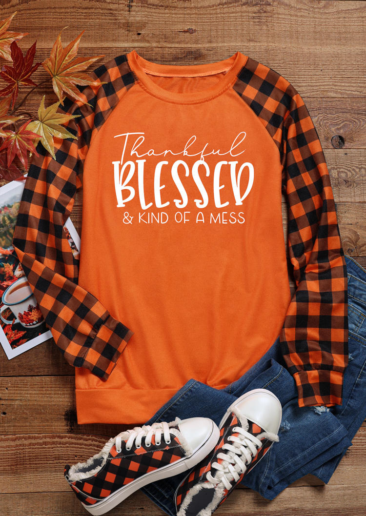 Sweatshirts Thankful Blessed & Kind Of A Mess Plaid Sweatshirt in Orange. Size: XL