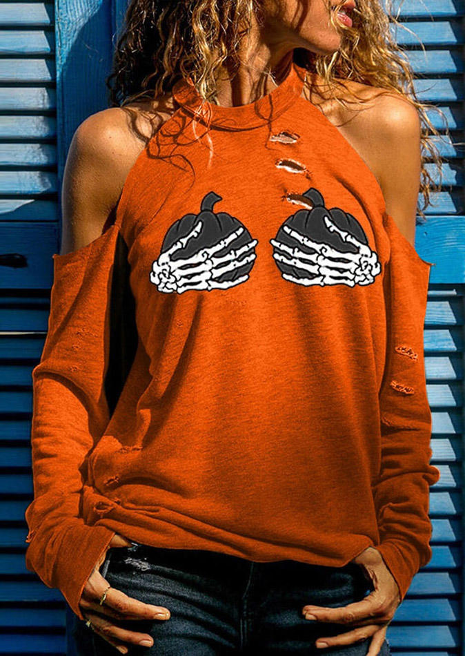 Halloween Skeleton Hand Hollow Out O-Neck Blouse - Orange