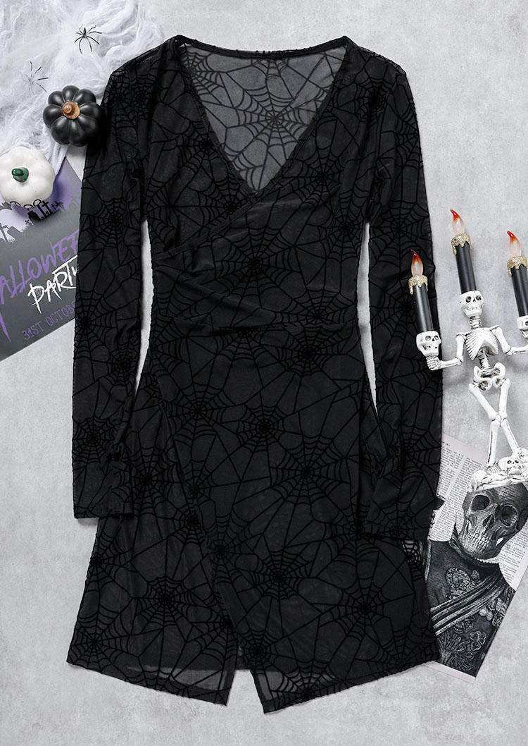 Mini Dresses Halloween Spider Web Mesh Wrap V-Neck Mini Dress in Black. Size: L,M,S
