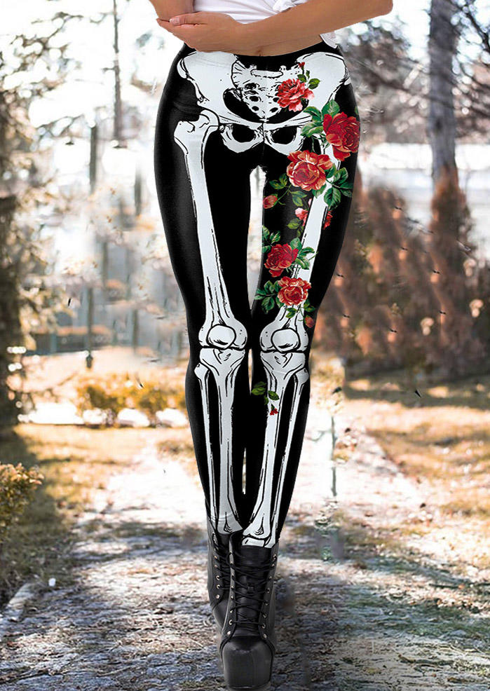 

Leggings Halloween Gothic Skeleton Floral Leggings in Black. Size