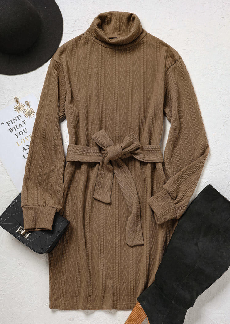 

Mini Dresses Long Sleeve Tie Turtleneck Mini Dress in Brown. Size: L,M,,XL