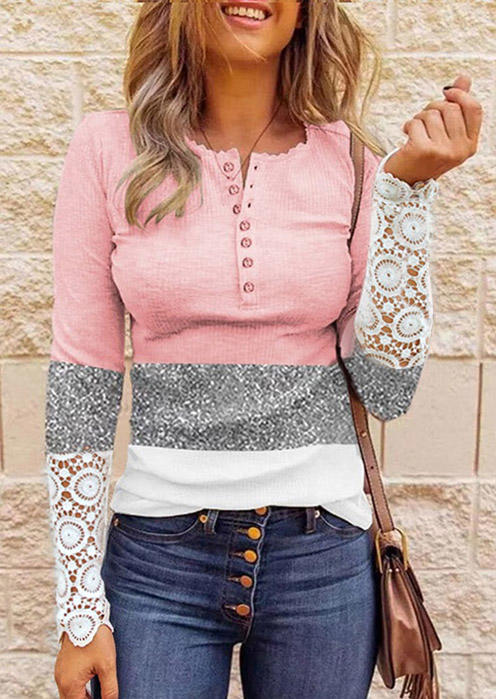 

Blouses Lace Glitter Splicing Color Block Button Blouse in Pink. Size: ,XL