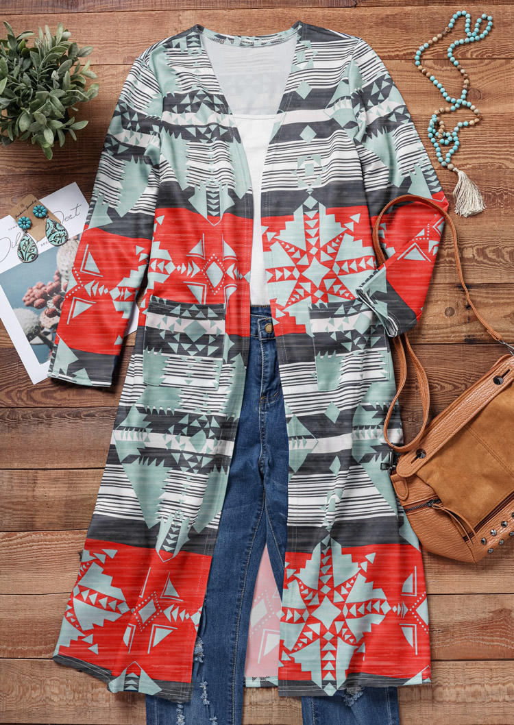 

Cardigans Aztec Pocket Open Front Long Cardigan in Multicolor. Size