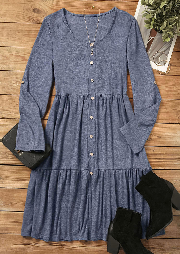 Mini Dresses Ruffled Button O-Neck Mini Dress in Blue. Size: L,XL