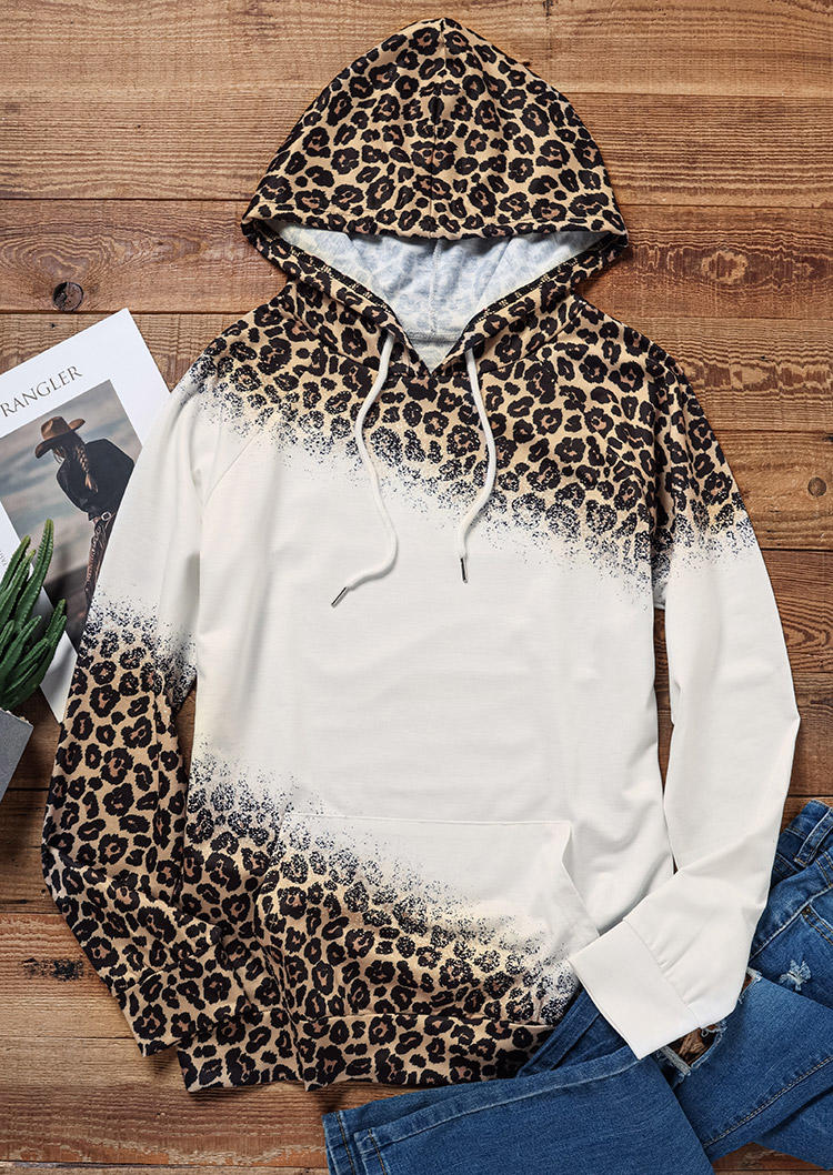 

Hoodies Leopard Color Block Kangaroo Pocket Hoodie in Multicolor. Size