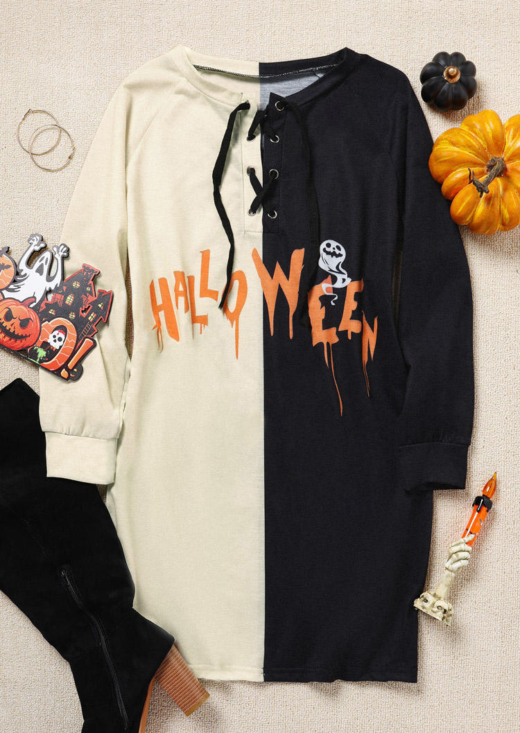 

Mini Dresses Halloween Color Block Lace Up Sweatshirt Mini Dress in Multicolor. Size: L,M
