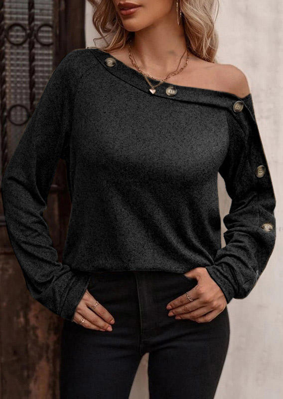 

Blouses Button One Sided Cold Shoulder Blouse in Black. Size