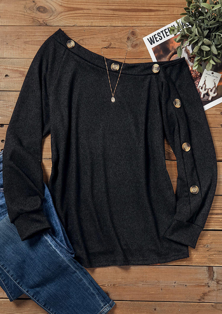 Button One Sided Cold Shoulder Blouse - Black
