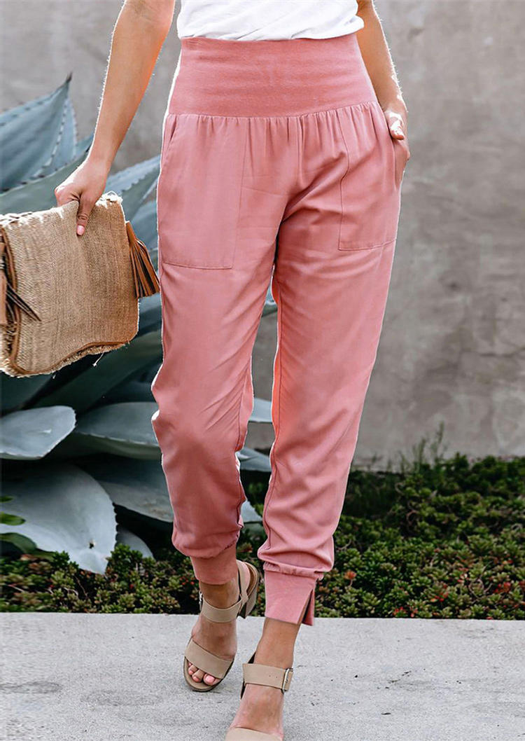 Pants Pocket Elastic Waist Casual Pants in Pink. Size: S