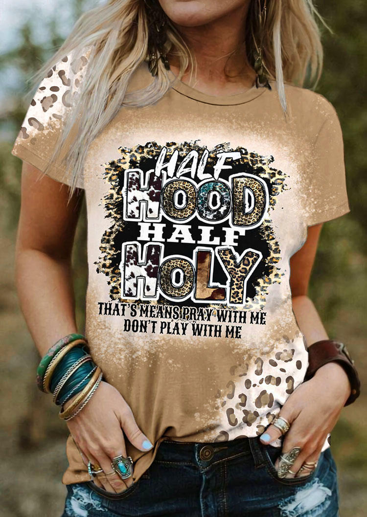 Half Hood Half Holy Leopard Bleached T-Shirt Tee - Khaki