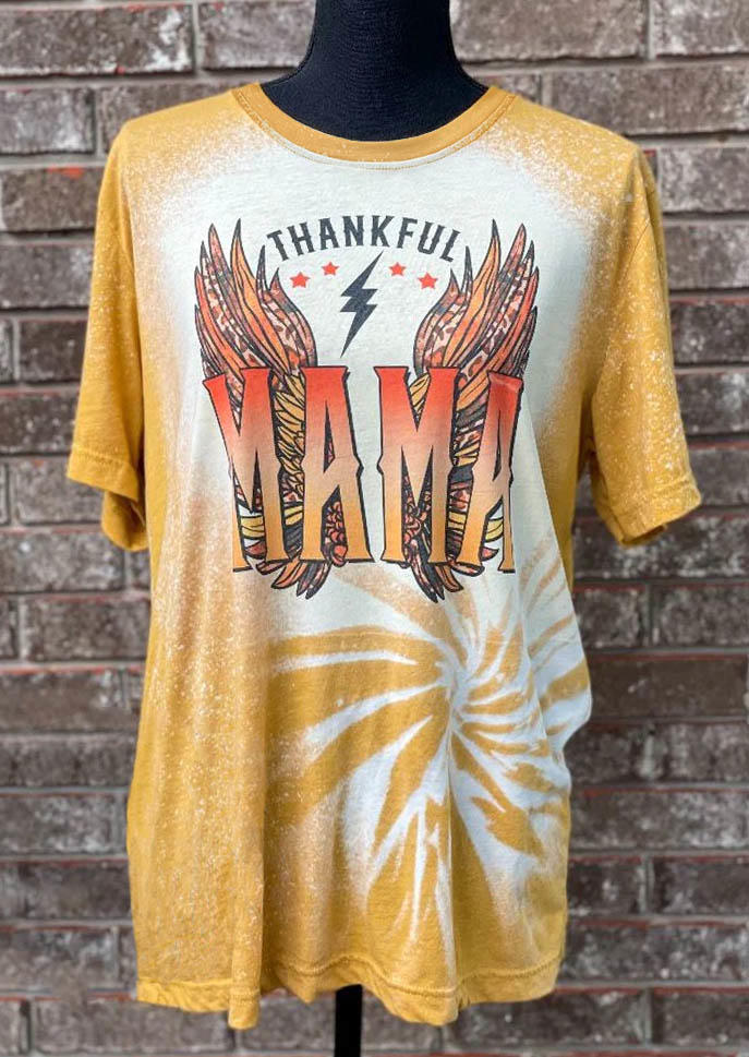 T-shirts Tees Thankful Mama Bleached O-Neck T-Shirt Tee in Yellow. Size: L,M,S