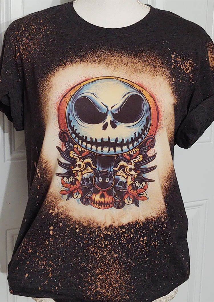 Halloween Skull Bleached T-Shirt Tee - Black
