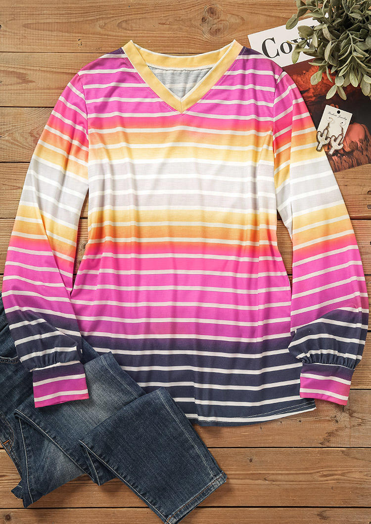 Blouses Gradient Striped Long Sleeve V-Neck Blouse in Multicolor. Size: L,M,S,XL
