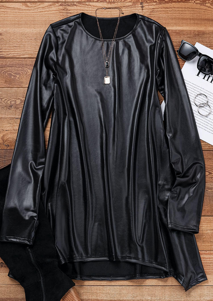 Mini Dresses Long Sleeve PU Leather Mini Dress in Black. Size: L,M,S,XL