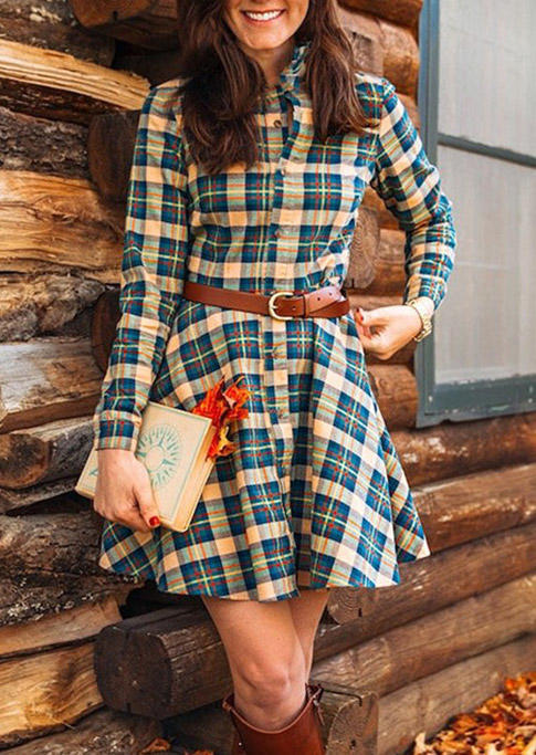 Plaid Button Turn-Down Collar Shirt Mini Dress