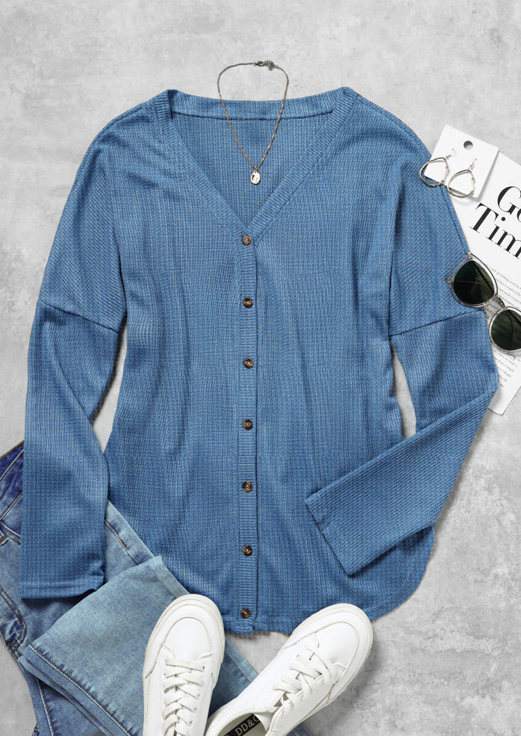 

Cardigans Waffle Button Long Sleeve Cardigan in Blue. Size: L