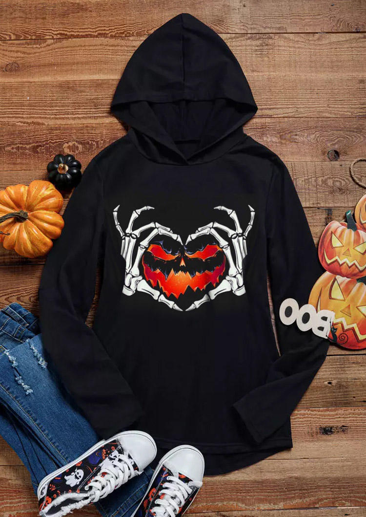 Halloween Skeleton Hand Heart Long Sleeve Hoodie - Black