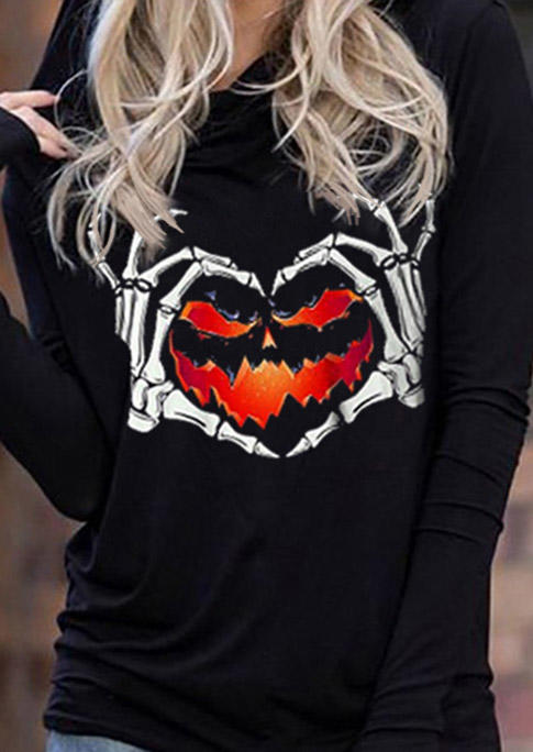 

Hoodies Halloween Skeleton Hand Heart Long Sleeve Hoodie in Black. Size