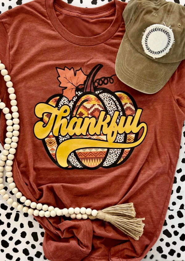 

T-shirts Tees Thankful Pumpkin Maple Leaf Leopard Aztec Geometric T-Shirt Tee - Brick Red in Red. Size