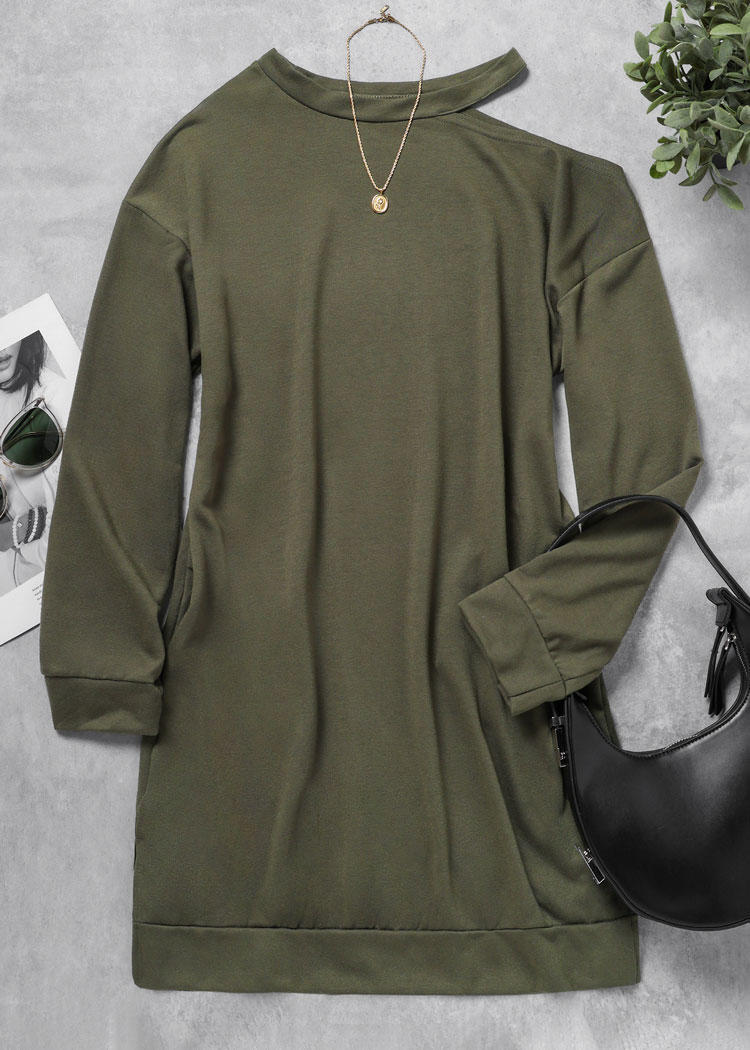Mini Dresses Pocket Slit One Sided Cold Shoulder Mini Dress - Army Green in Green. Size: L,M,S