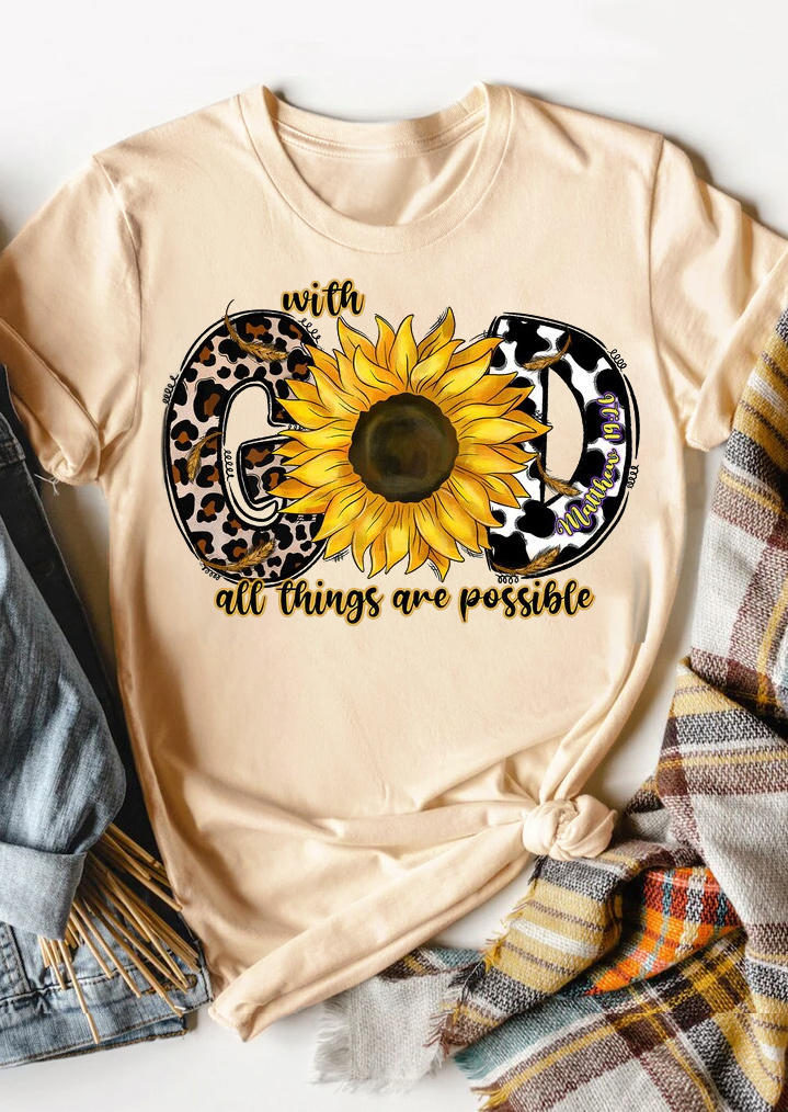 T-shirts Tees With God All Things Are Possible Leopard Sunflower T-Shirt Tee - Beige in Apricot. Size: M,XL