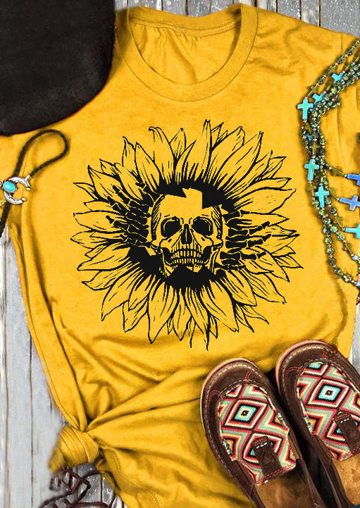 

T-shirts Tees Halloween Sunflower Skull O-Neck T-Shirt Tee in Yellow. Size