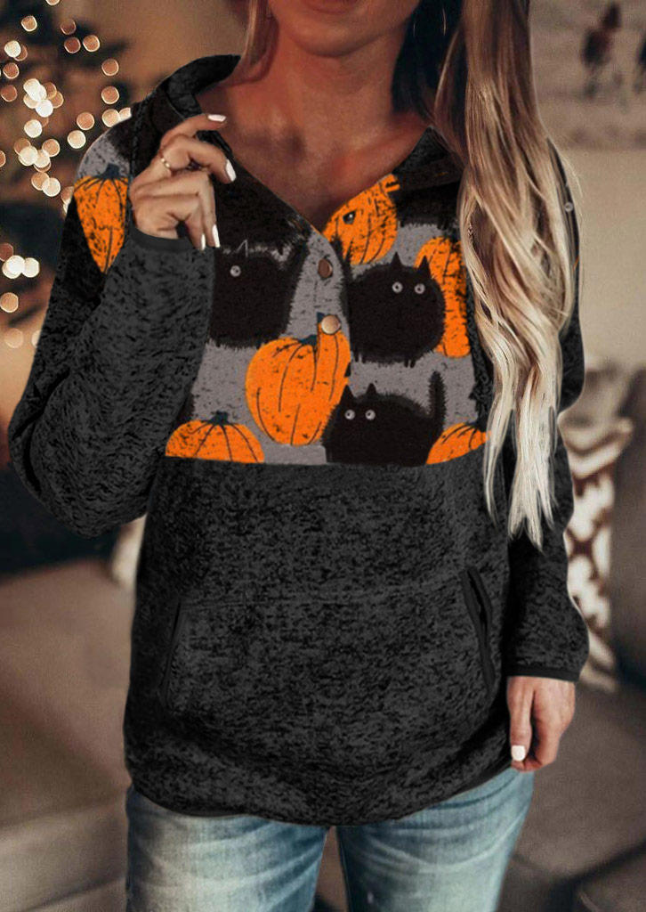 Halloween Pumpkin Cat Button Long Sleeve Hoodie - Black