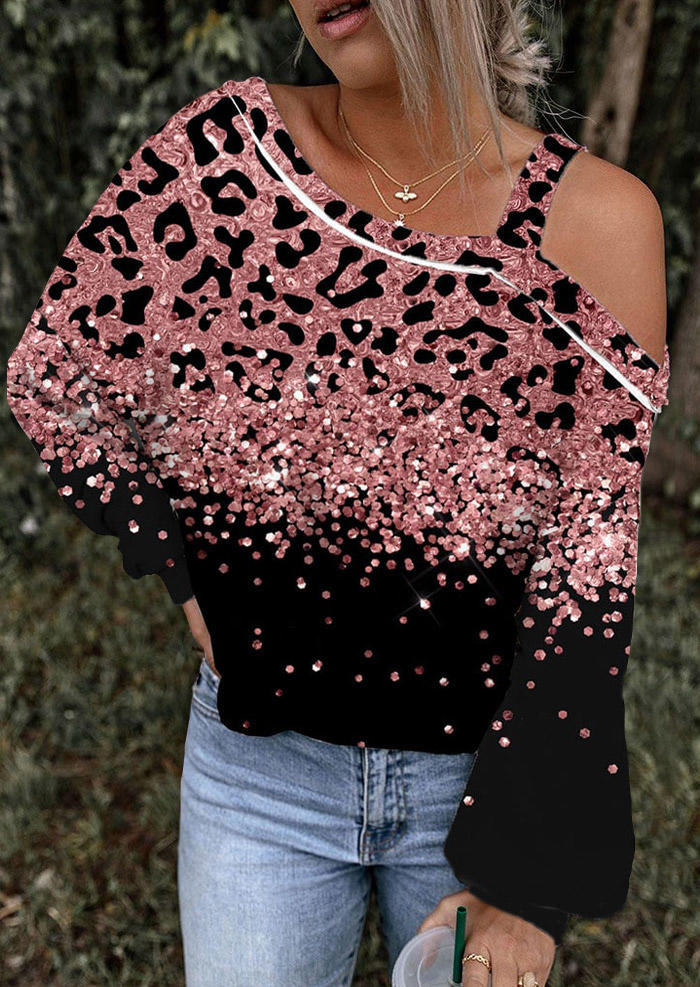 

Blouses Leopard Glitter One Sided Cold Shoulder Blouse in Multicolor. Size