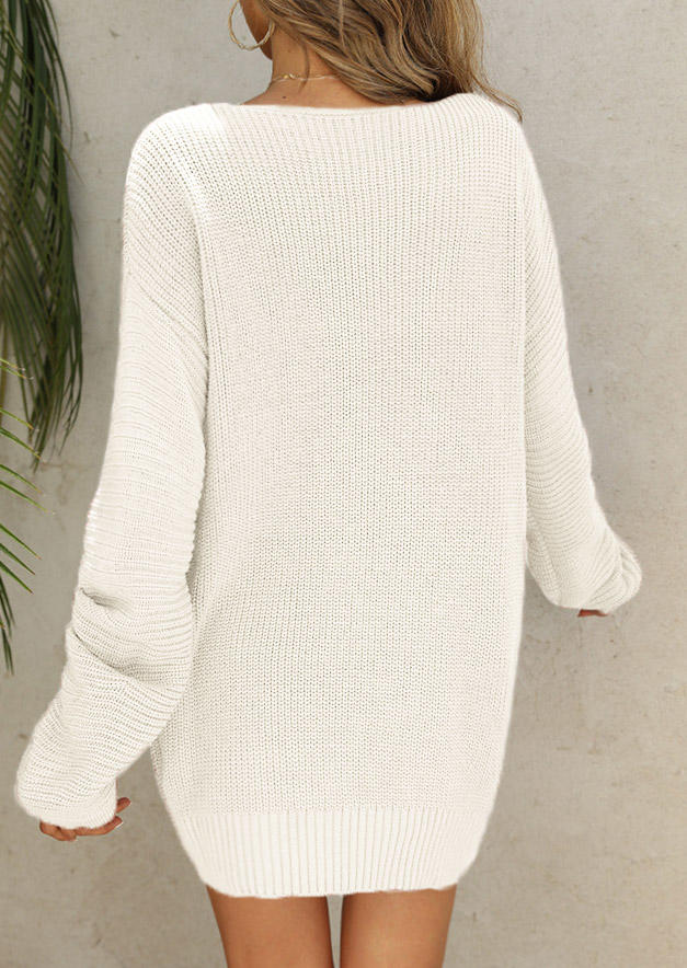 Long Sleeve V-Neck Knitted Mini Dress - White