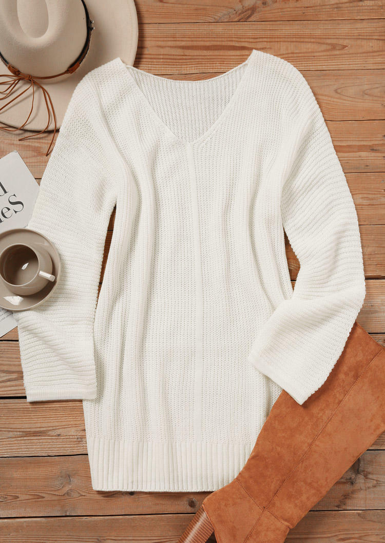 

Mini Dresses Long Sleeve V-Neck Knitted Mini Dress in White. Size