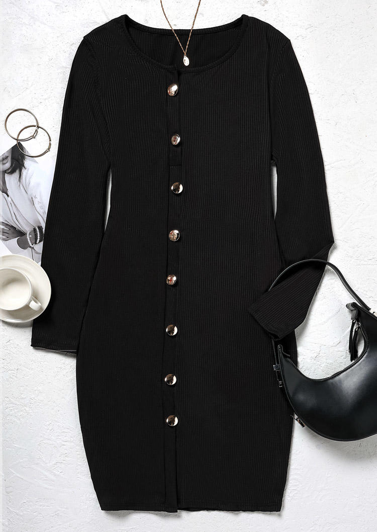 Bodycon Dresses Button Slit Notched Neck Bodycon Dress in Black. Size: L