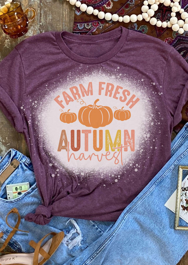 T-shirts Tees Farm Fresh Autumn Harvest Pumpkin Bleached T-Shirt Tee in Purple. Size: L,M,S,XL