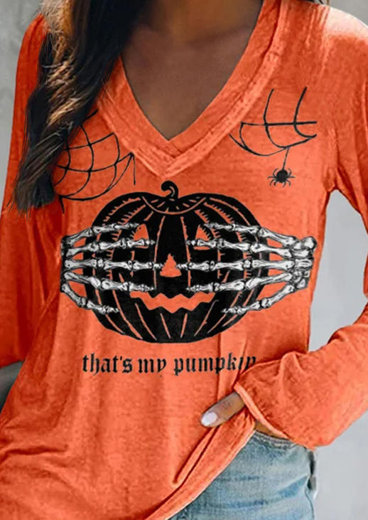 

T-shirts Tees Halloween That' My Pumpkin Skeleton Hand V-Neck T-Shirt Tee in Orange. Size: L,M,,XL