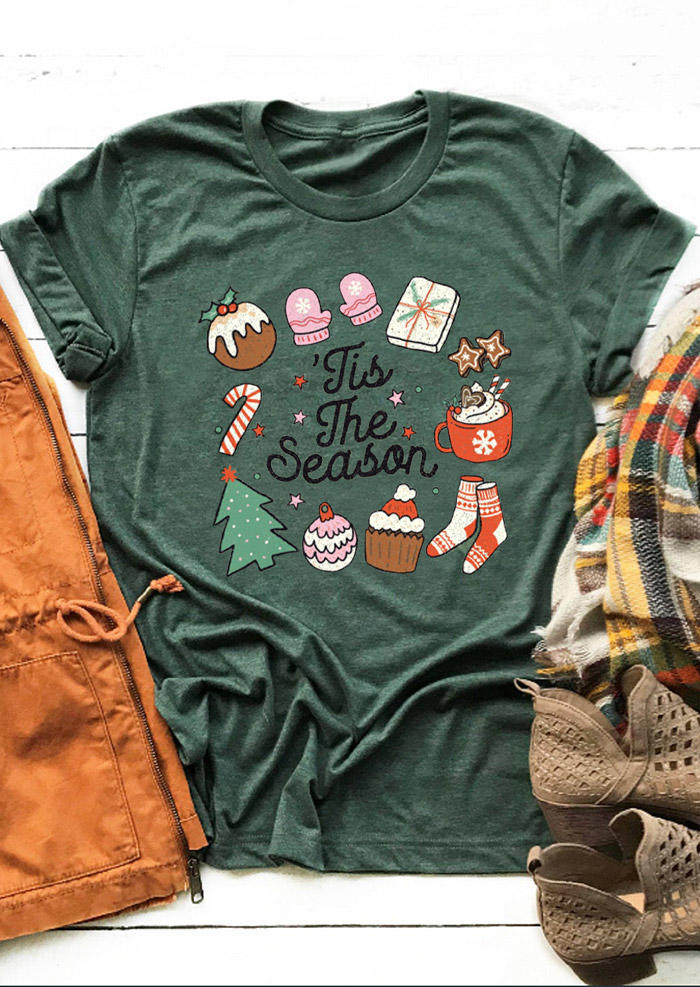 T-shirts Tees Christmas 'Tis The Season O-Neck T-Shirt Tee in Green. Size: L,M,S