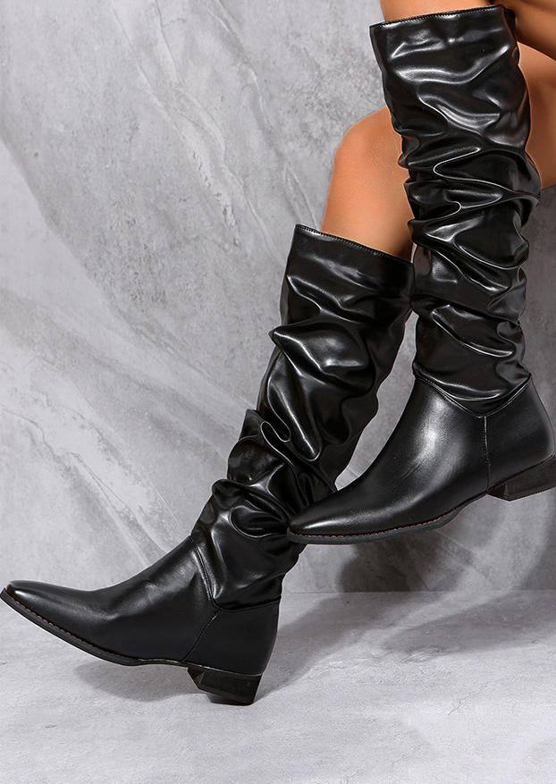 

Boots Knee-High Low-heeled PU Leather Boots in Black. Size