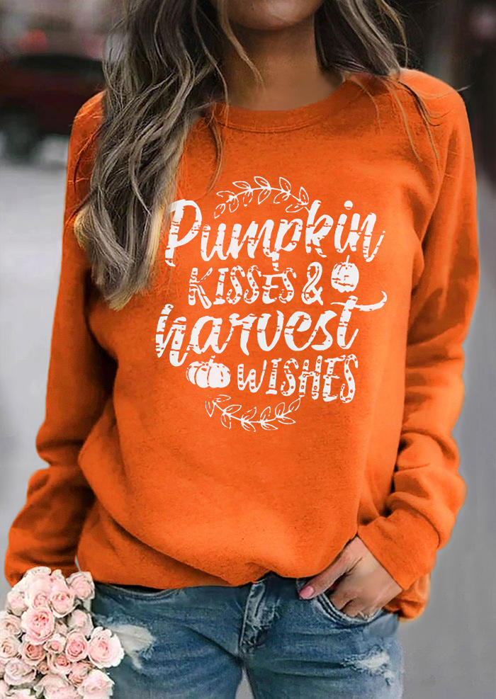 Sweatshirts Pumpkin Kisses & Harvest Wishes O-Neck Sweatshirt in Orange. Size: L,M,S,XL