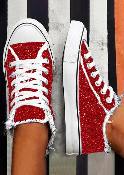 Sneakers Glitter Lace Up Flat Casual Sneakers in Red. Size: 37,38,39,40