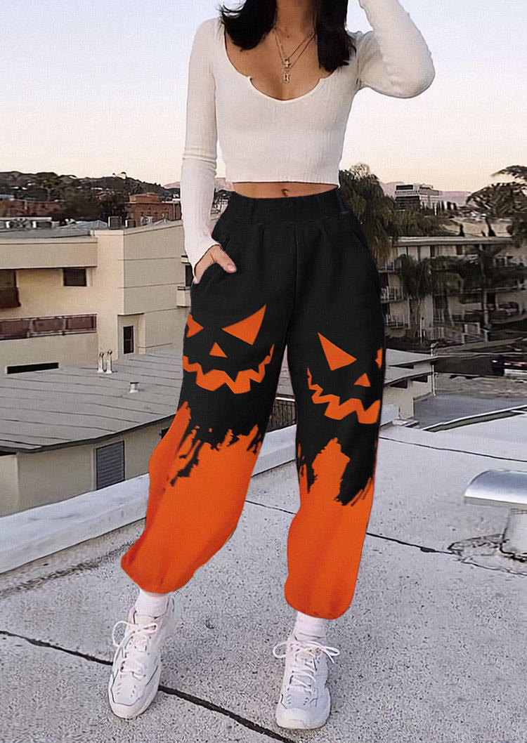 Halloween Pumpkin Face Pocket Elastic Waist Sweatpants - Orange