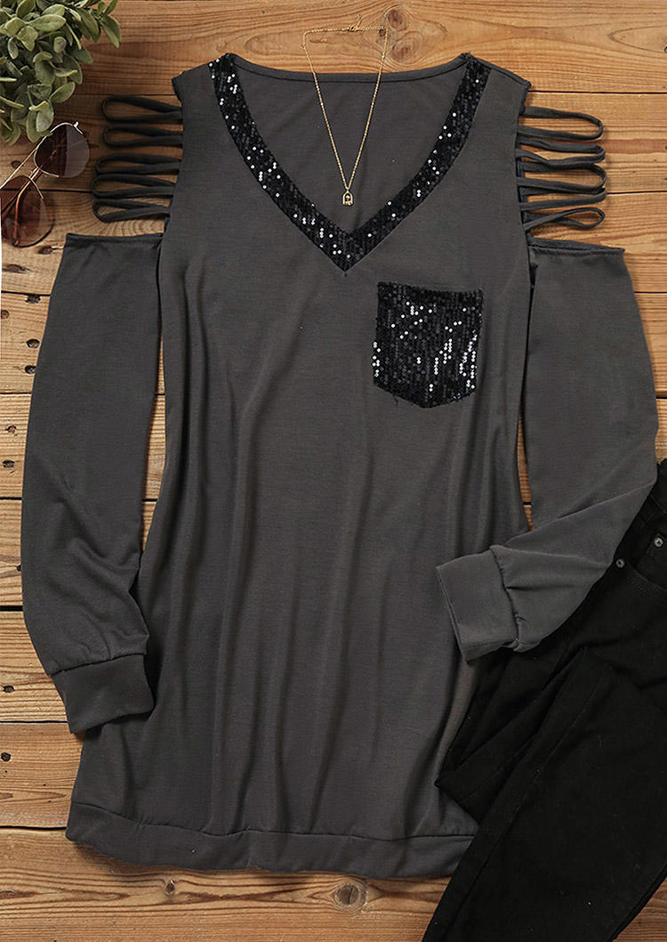 Blouses Sequined Pocket Cut Out Blouse in Gray. Size: L,M,XL