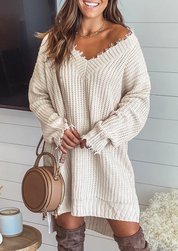 Sweater Dresses Long Sleeve V-Neck Sweater Dress in White. Size: L