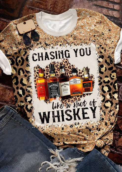 T-shirts Tees Chasing You Like A Shot Of Whiskey Leopard Glitter T-Shirt Tee in Multicolor. Size: M,S