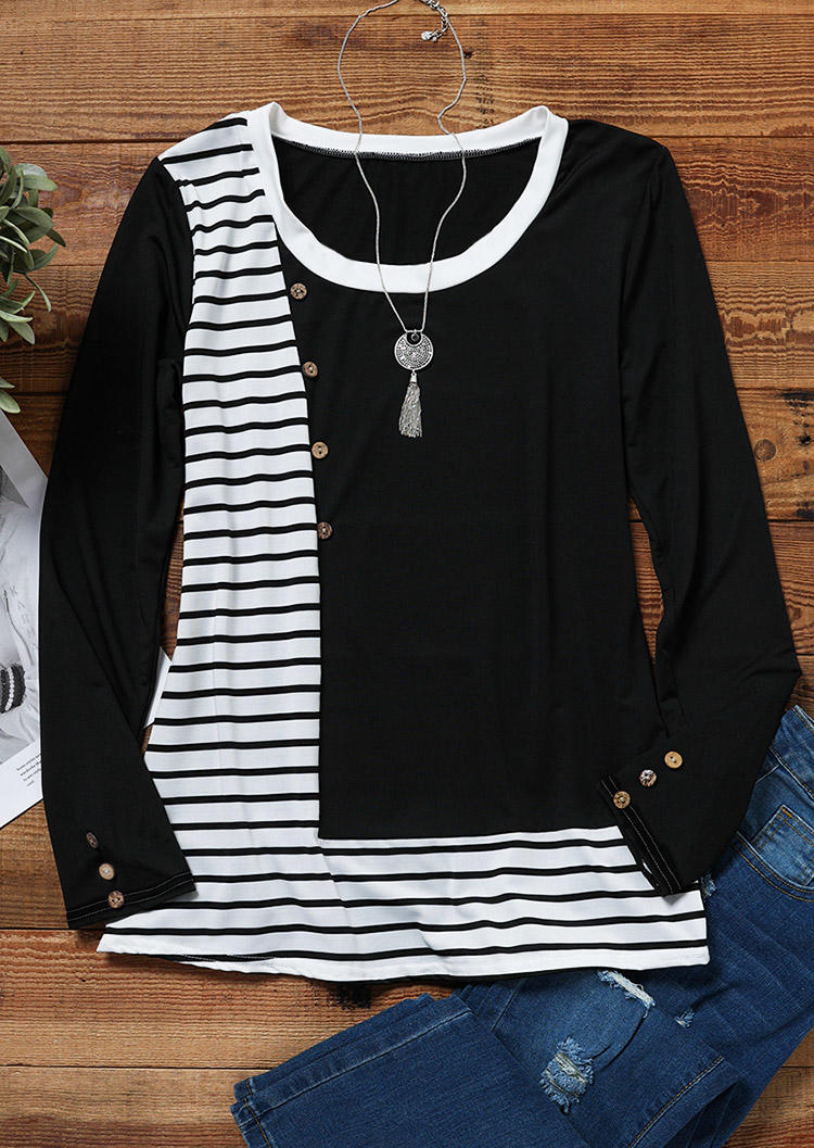 

Blouses Color Block Striped Button Blouse in Black. Size