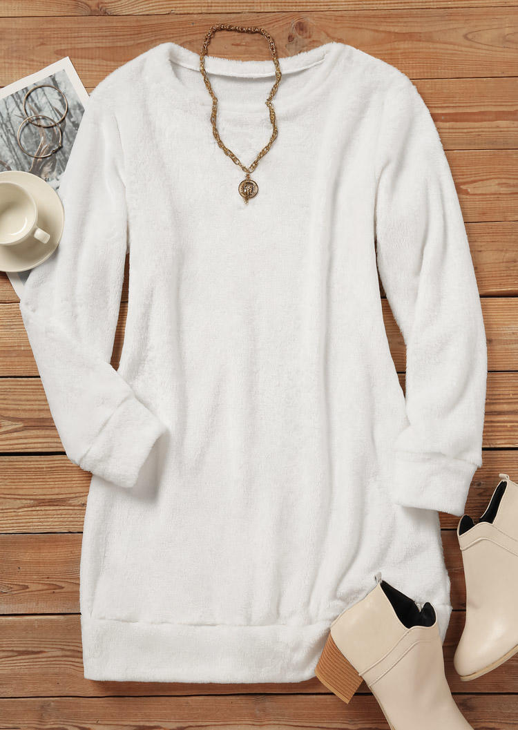 Mini Dresses Plush Pocket Long Sleeve O-Neck Sweatshirt Mini Dress in White. Size: L,M,S,XL